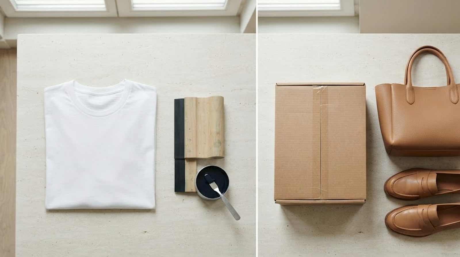 A blank t-shirt with screen-printing tools beside a shipping box, a leather handbag and leather loafers