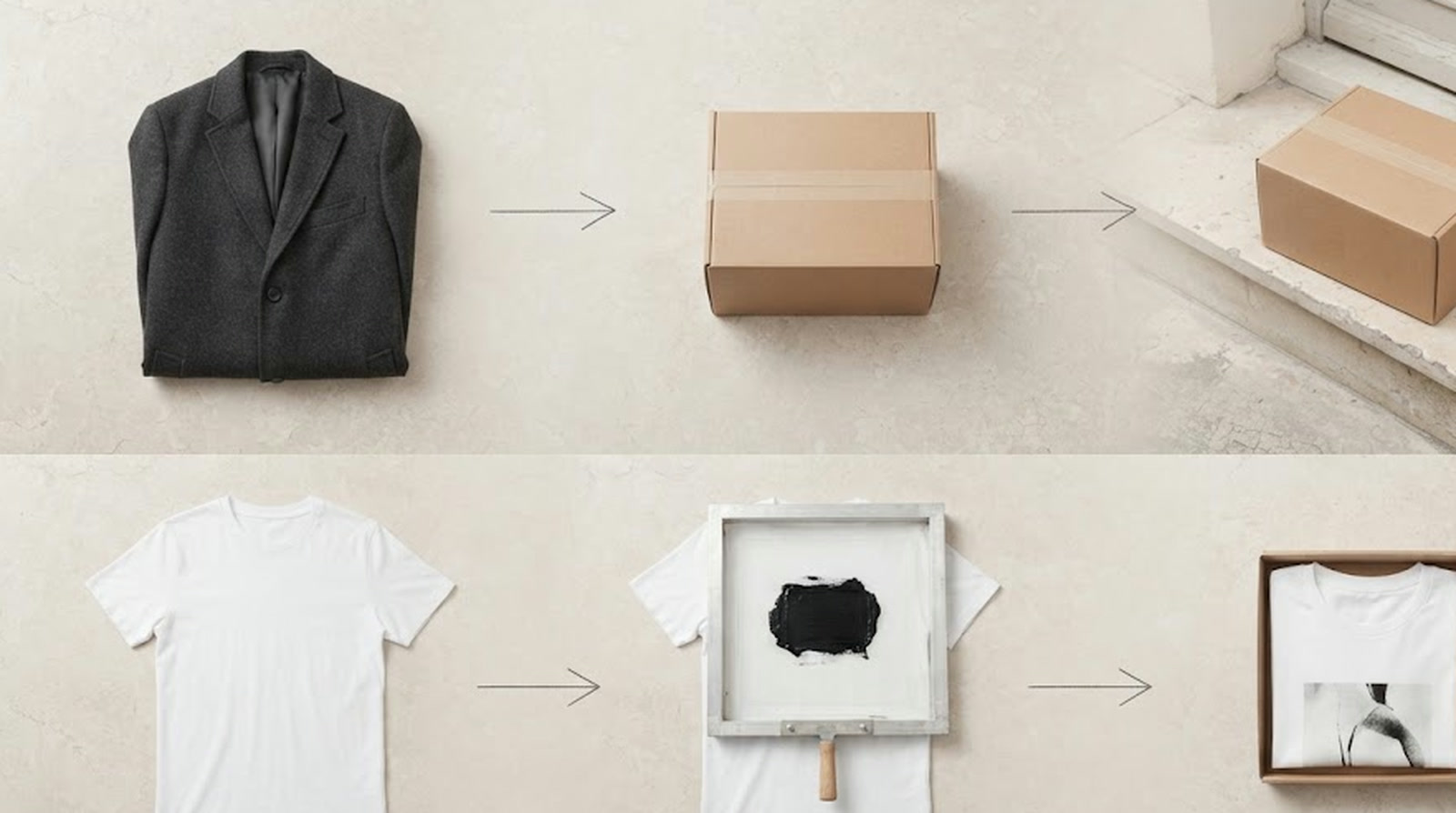 Two routes for one order: a finished wool coat goes into a box and to the customer’s door, while a blank t-shirt is screen-printed first and then boxed