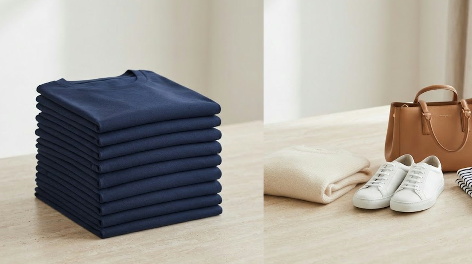 A tall stack of identical folded shirts on the left beside a small mixed selection of a sweater, sneakers, a handbag and a shirt on the right