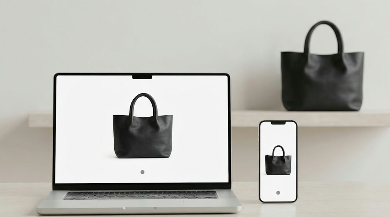 A laptop and a smartphone showing the same handbag with the same availability marker, with the single real handbag on a shelf behind them