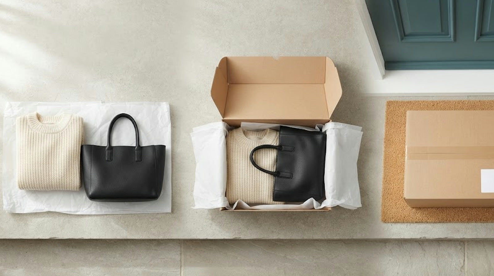 Three stages of one order from left to right: a sweater and handbag on tissue paper, the same items packed in an open kraft box, and the sealed box on a doormat at a front door