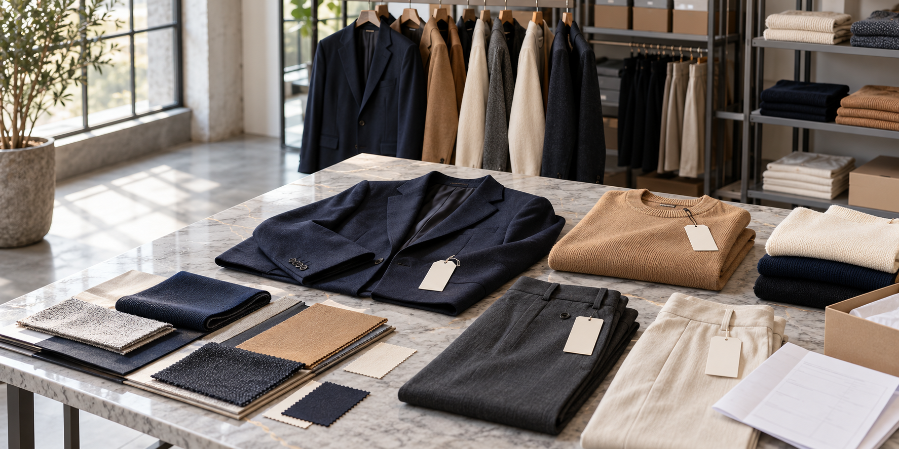 Assorted unbranded jackets, knitwear and trousers arranged in a wholesale showroom